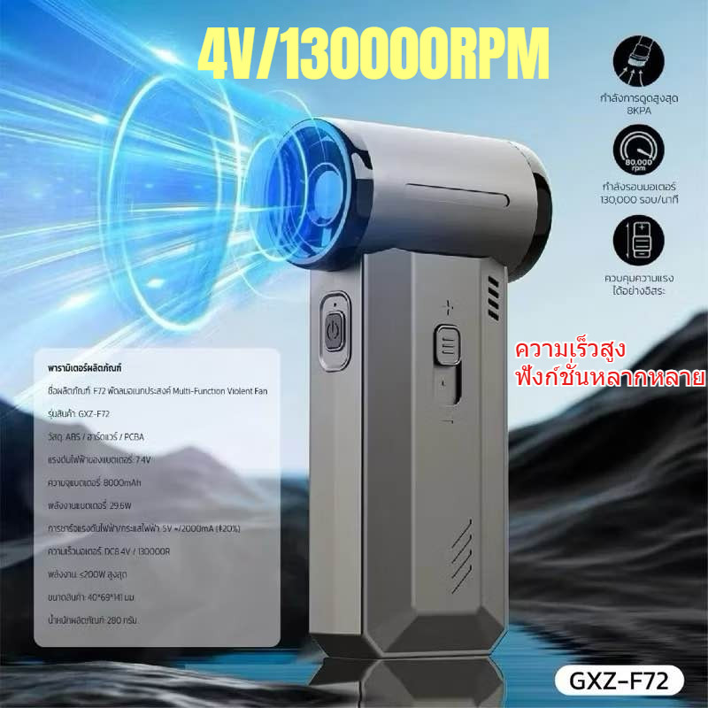 พัดลมอเนกประสงค์ พลังเจ็ท Handheld fan รุ่น GXZ-F72 แรงลมทรงพลัง 130000RPM  2ระบบ 2 in 1 ดูดและเป่า