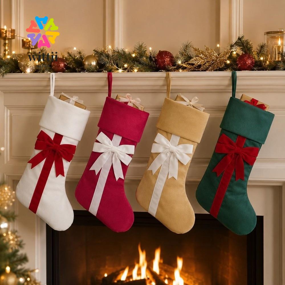WITTII กํามะหยี่ Bow Tie Christmas Stocking, พับข้อมือ Holiday Party Christmas Stocking กระเป๋าของขว