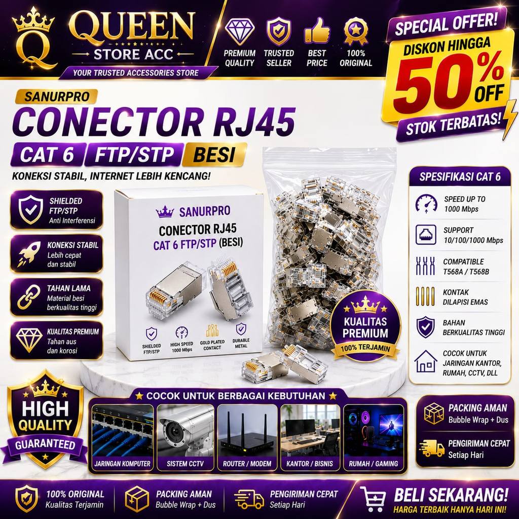 Connector RJ45 CAT6 FTP STP Sanurpro เนื้อหาเหล็ก 50 ชิ้น RJ45 Shielded LAN Ethernet Plug ชุบทอง T56