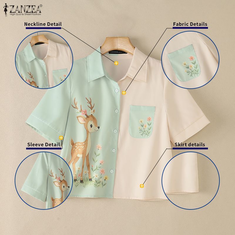 ZANZEA ผู้หญิงเกาหลีหวาน Pastoral Turn-Down-Collar แขนสั้นการ์ตูนกวางพิมพ์ Contrast สีเสื้อ — صورة 7