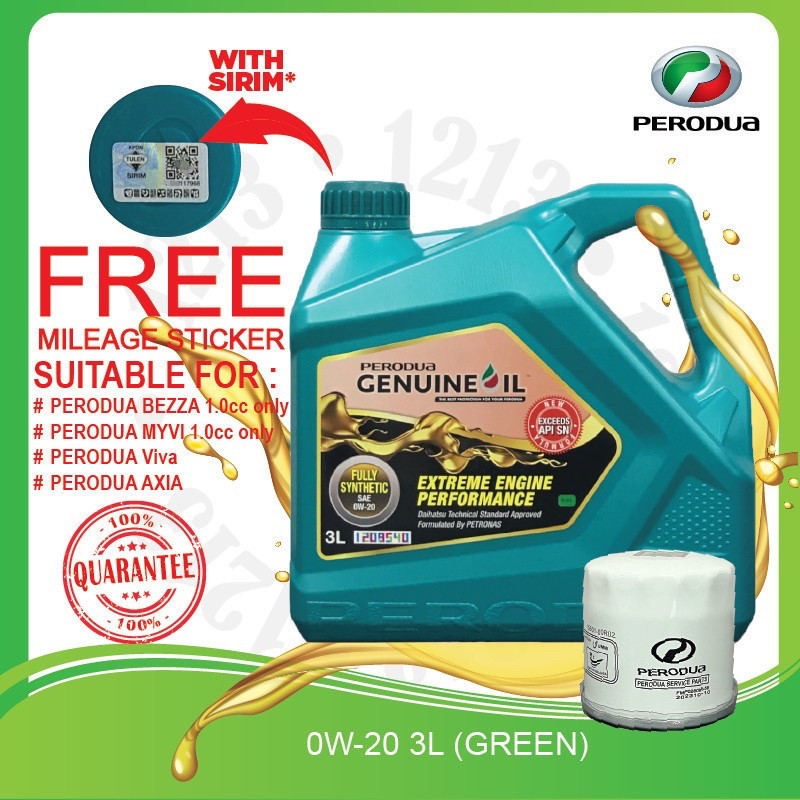 PERODUA FULLY 0W20 3L BEZZA 1.0 AXIA VIVA MYVI 1.0 ENGINE OIL 0W-20 SYNTHETIC 0W 20 ใหม่สีเขียวสีฟ้า