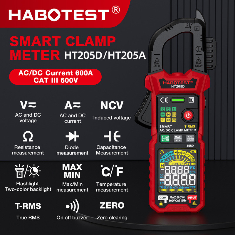 HABOTEST HT205D/HT205A แคลมป์มิเตอร์ดิจิตอลหน้าจอสี แอมมิเตอร์ มัลติมิเตอร์อัจฉริยะ รุ่นภาษาอังกฤษ
