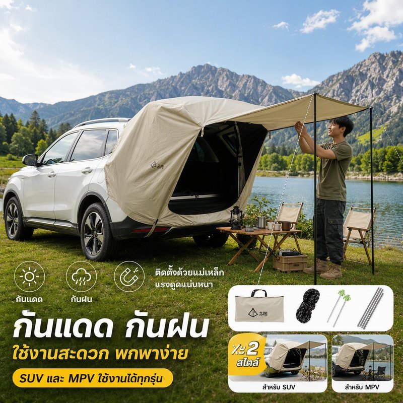 กันสาดท้ายรถ เต็นท์ท้ายรถ SUV MPV แม่เหล็กแรง ผ้า Oxford พับได้ กันแดด กันฝน แคมป์ปิ้ง