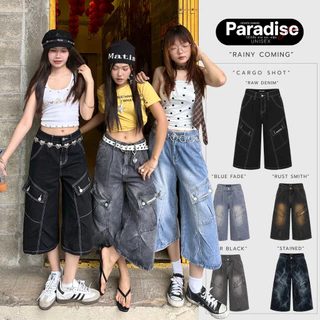 Paradise | XS-2XL | กางเกงคาโก้ 5 ส่วน ทรงคาร์โก้ ผ้ายีนส์ฟอก ดีไซน์เท่ Men - Women Unisex ใส่ได้ทั้ง ผู้ชาย และ ผู้หญิง