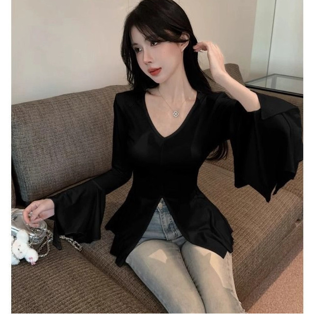 [WDF] สาวร้อนสีดํา v คอ Flared แขนยาวเสื้อยืดผู้หญิง, Slim-Fit Slimmer ดูแคบ-เอวออกแบบ Slit Commuter
