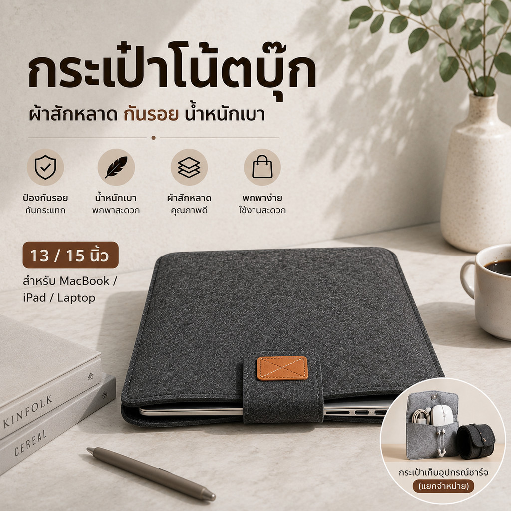 Home007 กระเป๋าโน๊ตบุ๊ค กระเป๋าคอมพิวเตอร์ ซอฟท์เคส ครอบป้องกันรอยขีดข่วนสำหรับ 13-15นิ้ว โน๊ตบุ๊ค แท็บเล็ต