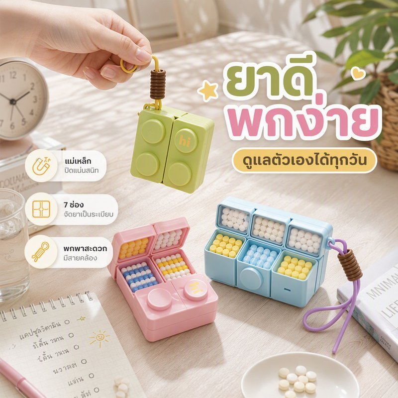 COD กล่องยา 7 ช่อง พกพา ฝาปิดแม่เหล็ก กันชื้น กันแสง พร้อมสายคล้อง กล่องใส่ยารายสัปดาห์
