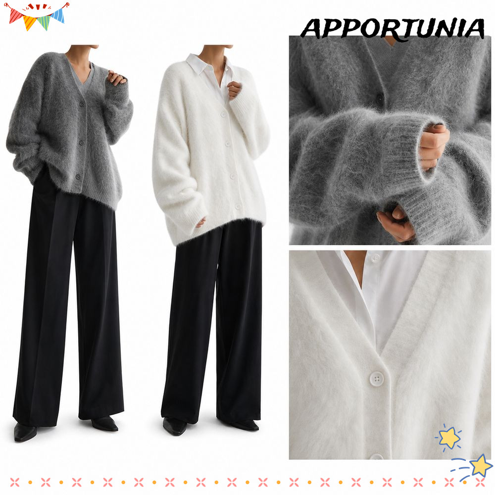 APPORTUNIA V Neck Cardigan, Fuzzy Knit Button Front Fuzzy Cardigan, High Quality V Neck Long Sleeve 