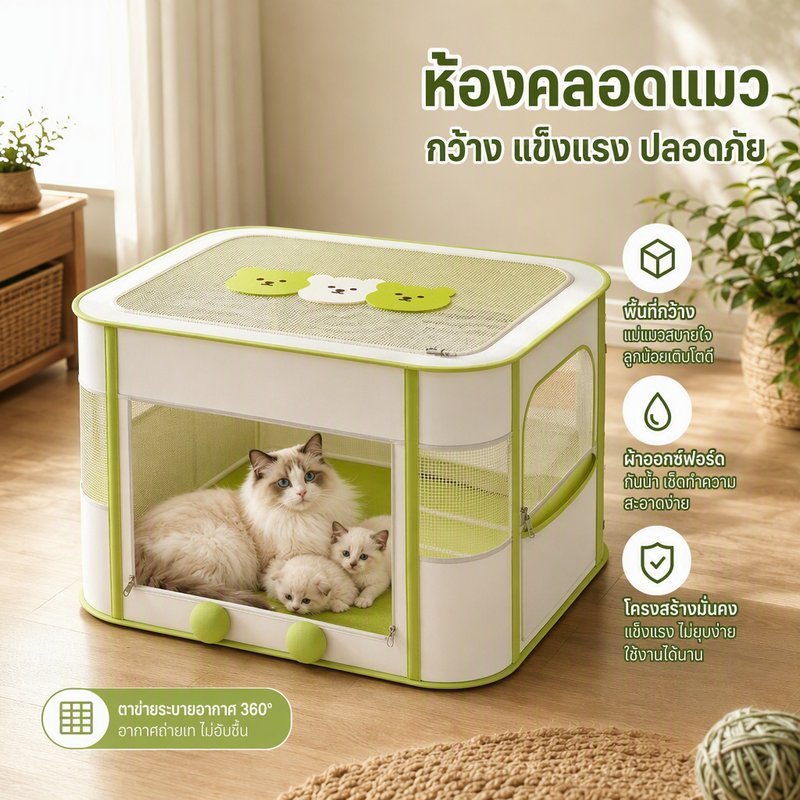 คอกแมวพับได้ ห้องคลอดแมว พื้นที่ในคอกกว้างพิเศษ ผ้าอ็อกซ์ฟอร์ดกันน้ำ โครงเหล็กหนา ตาข่ายระบายอากาศ