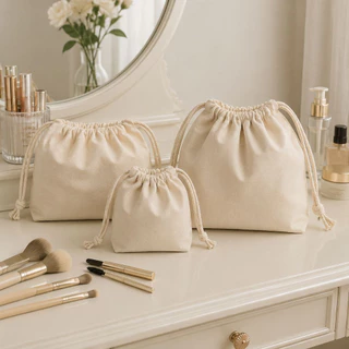 UUMIR กระเป๋าเครื่องสําอาง Drawstring, กระเป๋าแต่งหน้าผ้าแคนวาสนุ่ม, กระเป๋าจัดระเบียบเครื่องประดับแบบพกพาแบบใช้ซ้ําได้สําหรับผู้หญิง