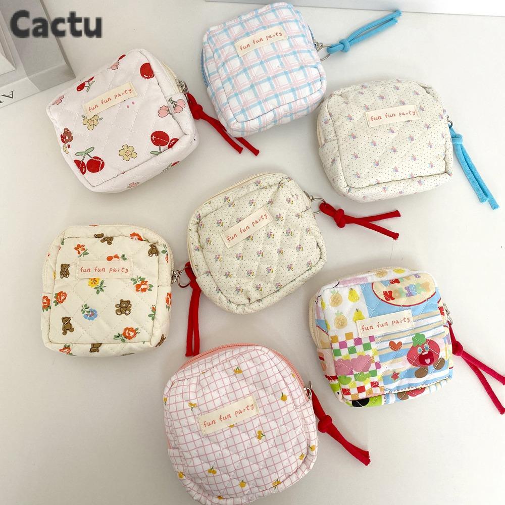 CACTU กระเป๋าผ้าอนามัย, ซิปกระเป๋าใส่เหรียญขนาดเล็ก, การ์ตูนพกพาน่ารักความจุขนาดใหญ่กระเป๋าแต่งหน้าเครื่องสําอาง,earphone Etc Storage