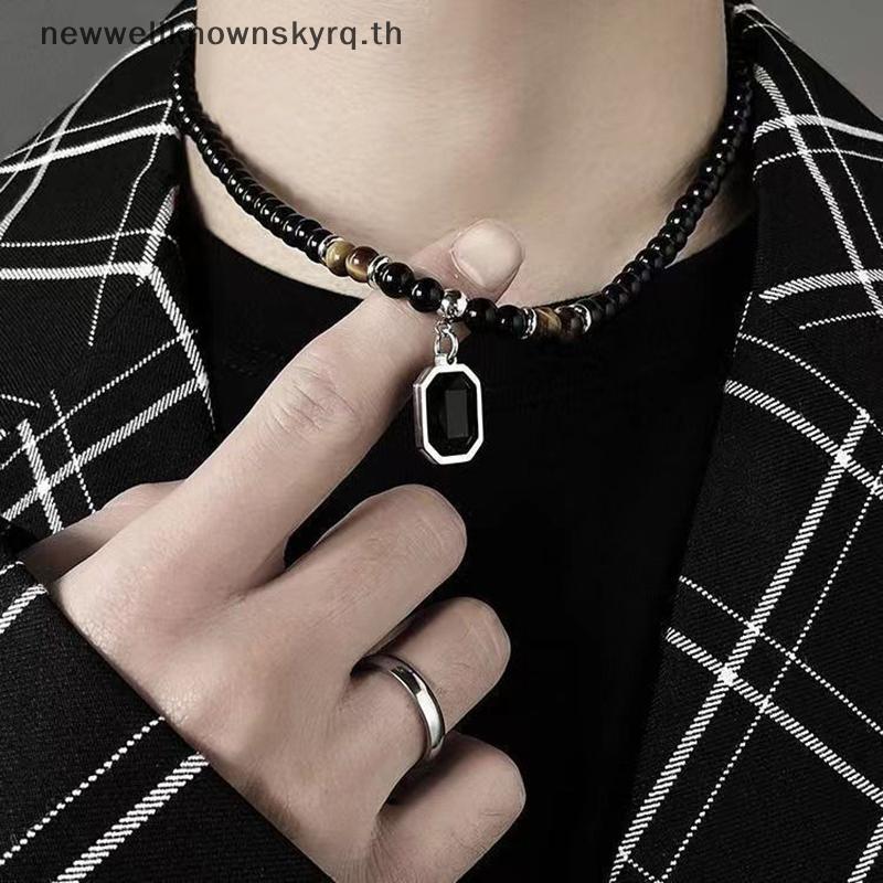 Newwellknownskyrq สร้อยคอลูกปัดสีดําอินเทรนด์ของผู้ชายพร้อมจี้สี่เหลี่ยม - ของขวัญเครื่องประดับชาย C