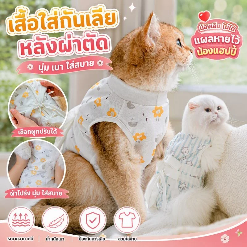 ชุดทำหมันแมว ชุดหลังผ่าตัด ชุดกันเลียแผล ผ้าตาข่าย เสื้อหลังผ่าตัด ป้องกันไม่ให้หลุด