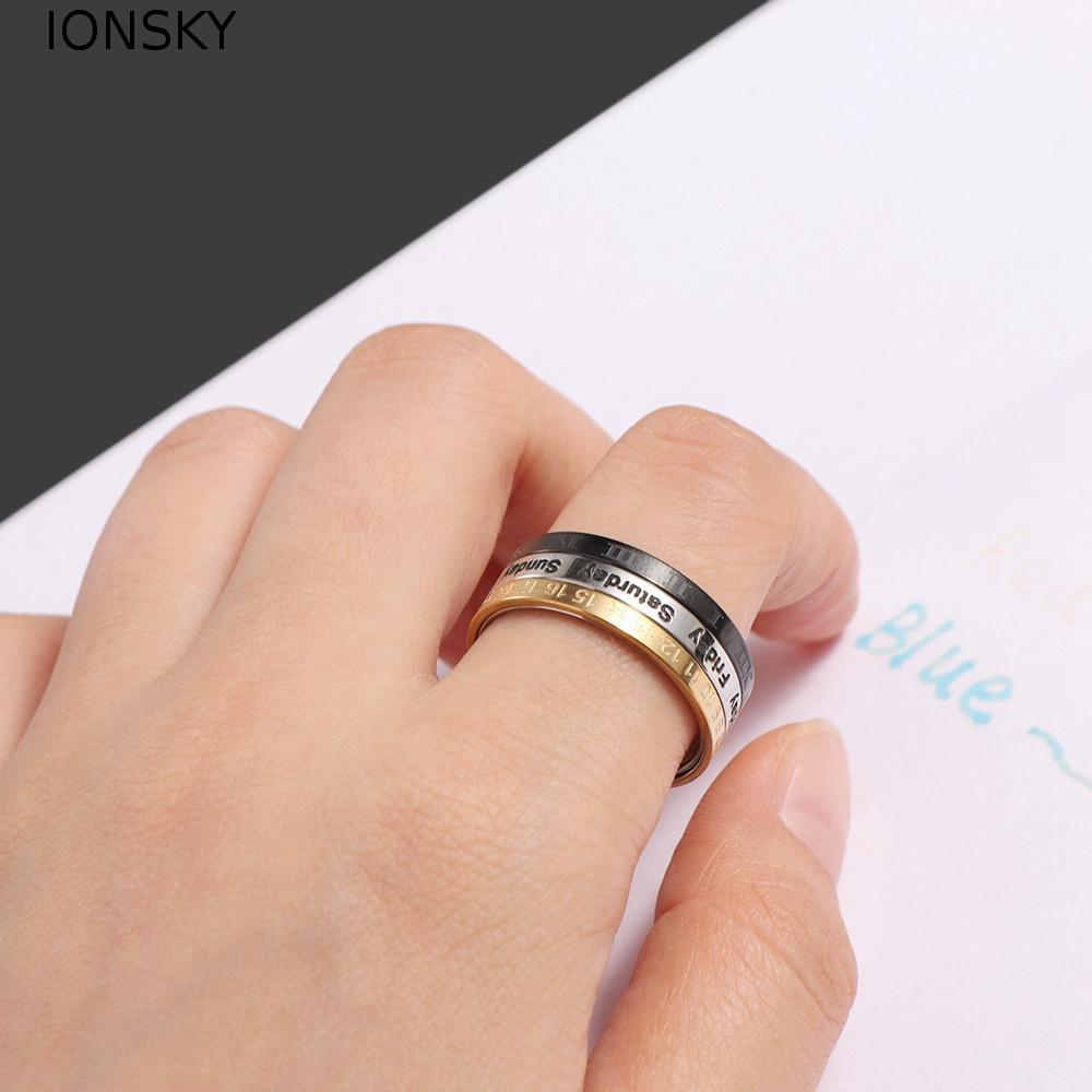 IONSKY Men Ring 3 Part Creative Date Time Calendar Rotatable Spinner Cool Punk Joint Ring