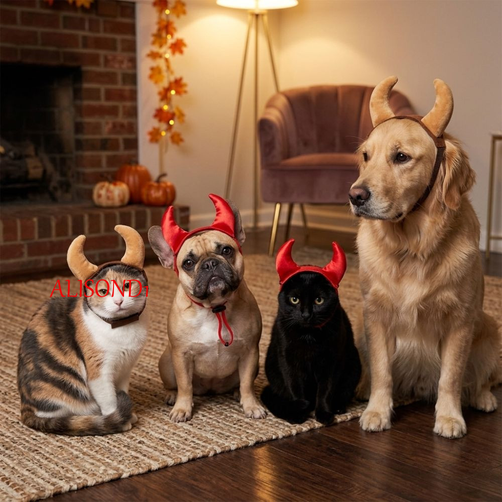 ALISOND1 Pet Horns Headband, Fluffy Plush Cat Devil Horns Headpiece, Creative Tie-On ปรับ Breathable