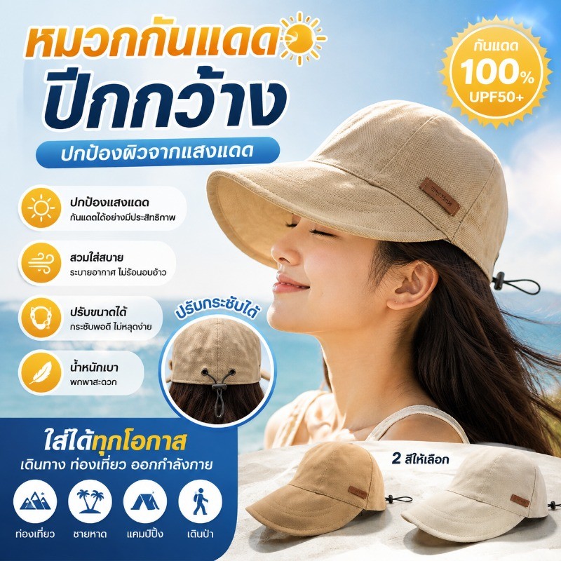 COD หมวกบัคเก็ตปีกกว้าง กันแดด กันยูวี ปรับขนาดได้ สีพื้น แฟชั่นหน้าร้อน หมวกผู้หญิง ใส่เที่ยวทะเล เดินทาง