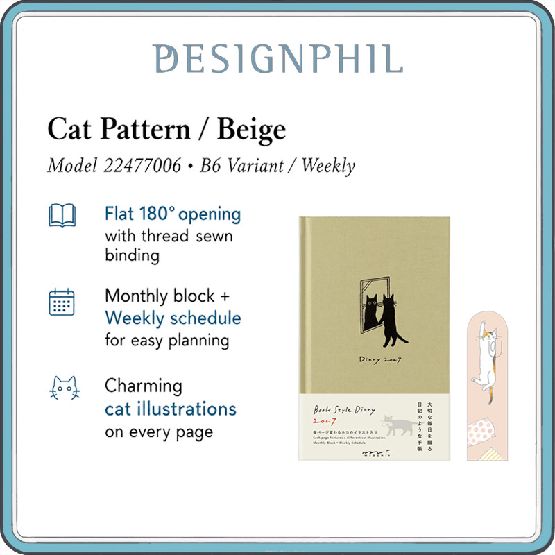 MIDORI Book Style Diary 2027 B6 Weekly Planner, January Start – Cat & Dog Designs, Beige