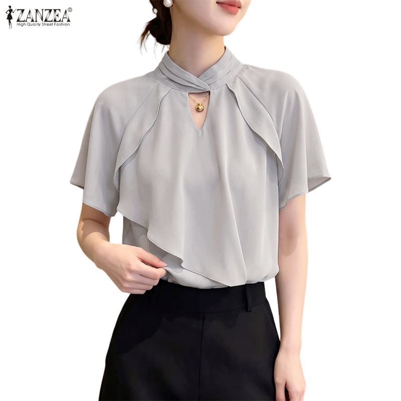 ZANZEA เสื้อเบลาส์คอตั้งแขนสั้นสไตล์เกาหลีของผู้หญิง Ruffled H-line Hollow-out