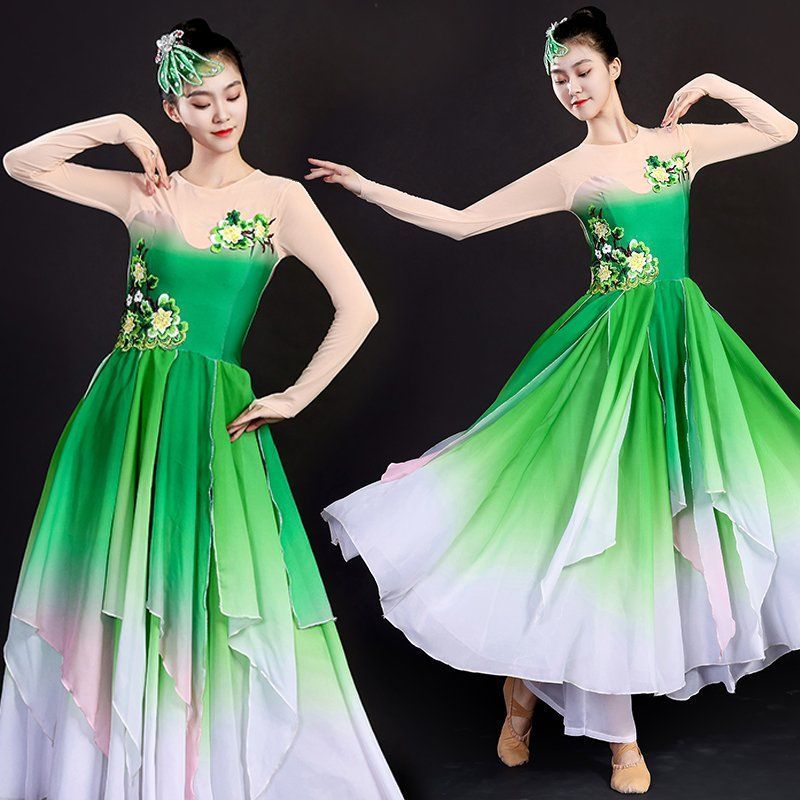 古典舞蹈服伞舞扇子舞茉莉花秧歌广场舞绿色舞台大摆裙演出服2608013 Classical costume, umbrella dance, fan dance, jasmine flower yan