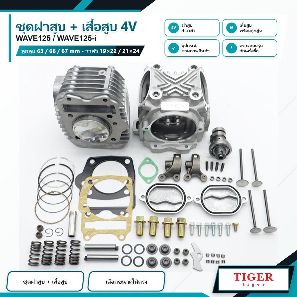 เวฟ125  ชุดฝาสูบ+เสื้อสูบ 4V WAVE125 WAVE125-i 4วาล์วเวฟ125 19*22/21*24 เสื้อสูบ4วาล์ว 125 ลูก63/66/