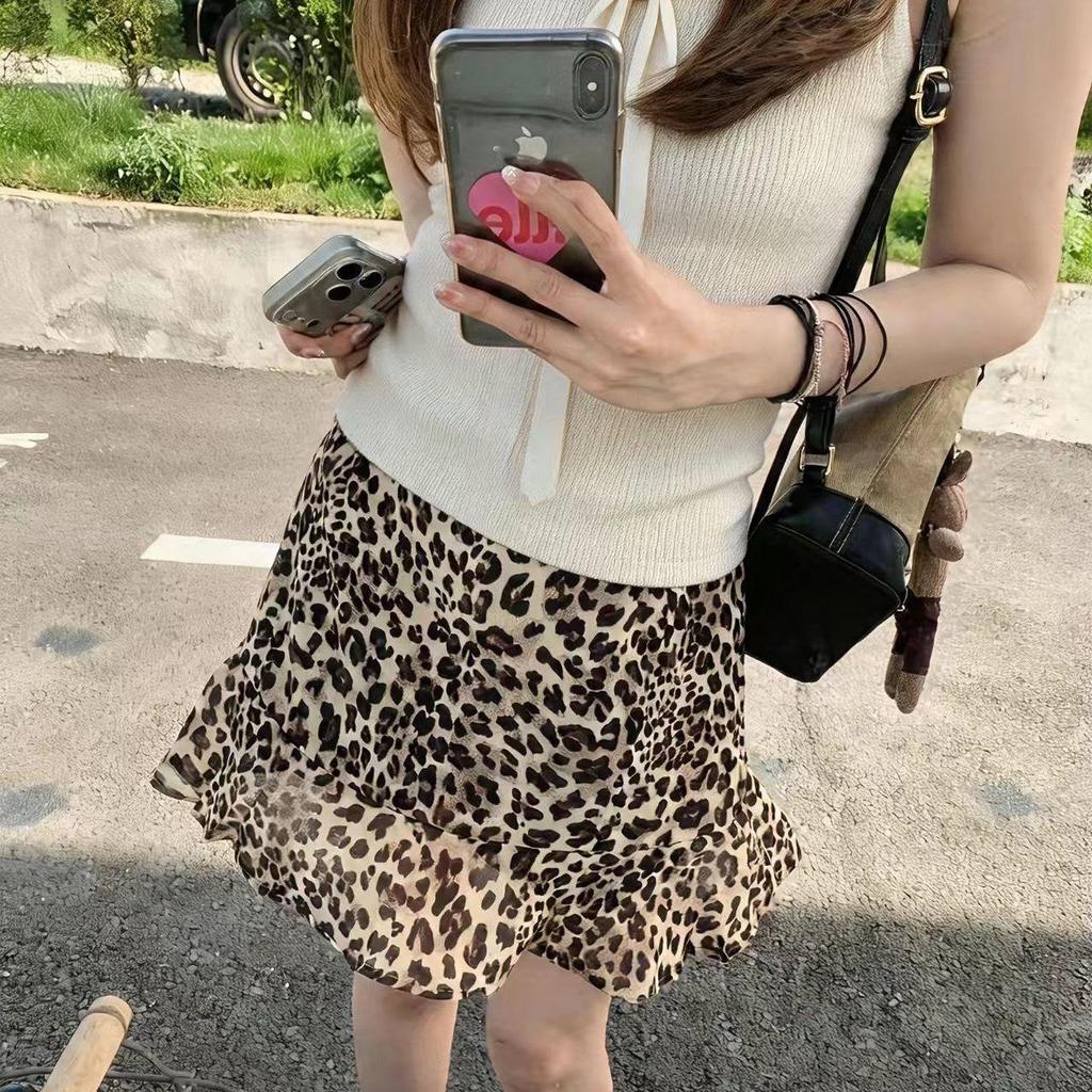 [มาใหม่] American Hot Girl Retro Leopard Print Skirt Summer Thin Style Slimmer Look