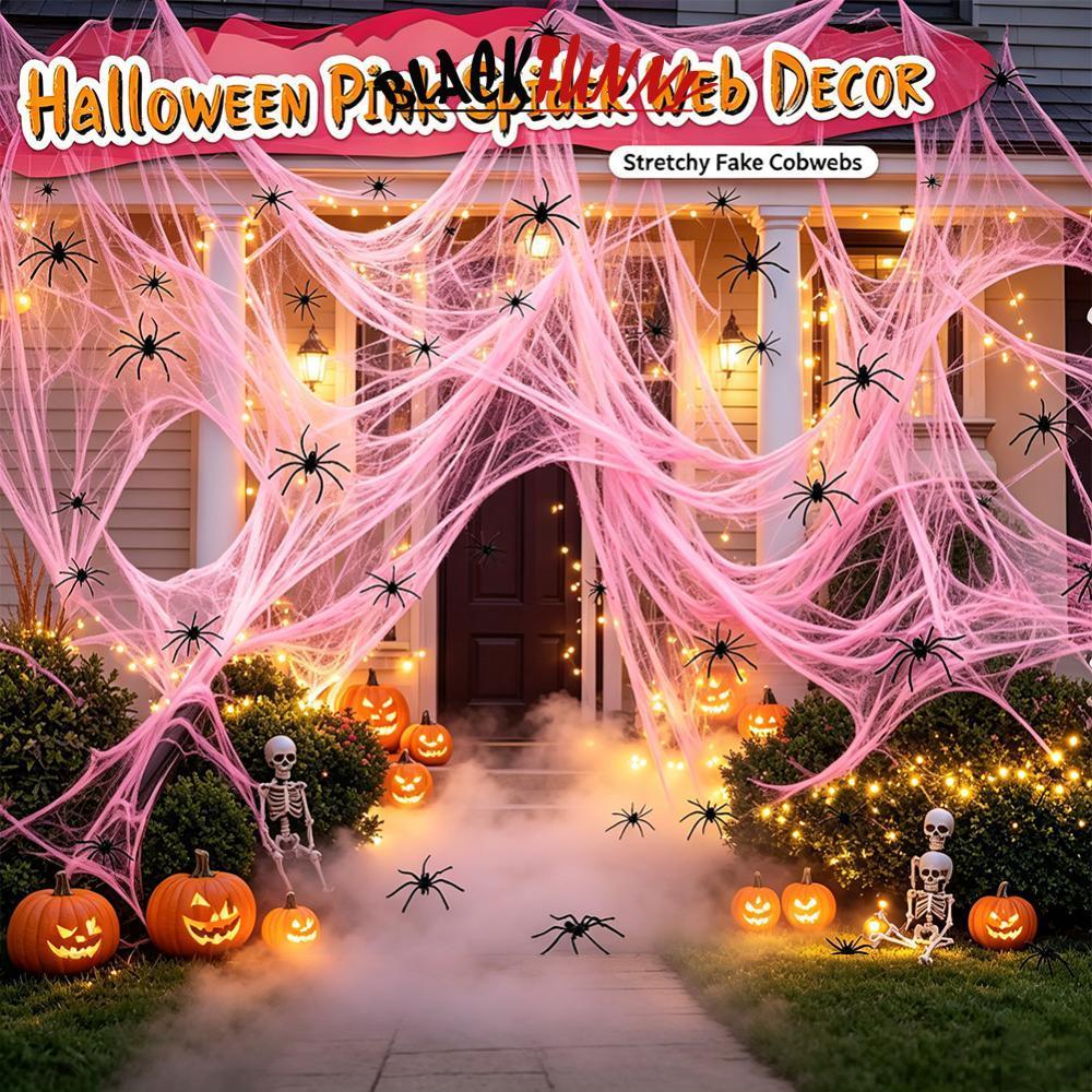 BLACKFUNNY สีชมพูฮาโลวีน Spider Web Decor 20-500g ผ้าฝ้าย Cobweb พร้อมแมงมุมสีดําสําหรับ Haunted Hou