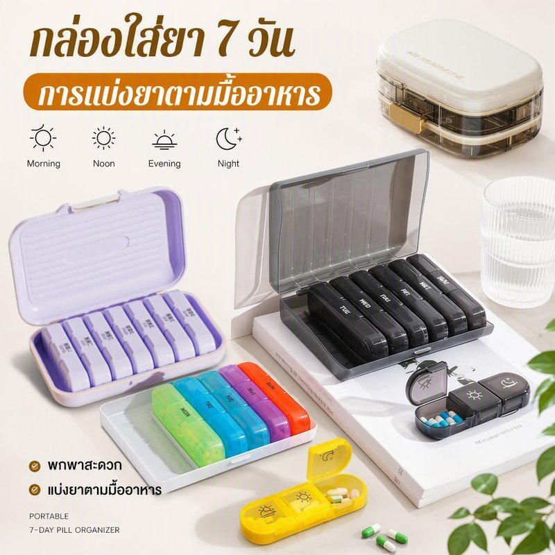 กล่องยา 7 วัน (แบ่งทาน3เวลา) กล่องยาที่ดี กล่องใสหลากสี/กล่องดำ ดูแลสุขภาพร่างกาย ใช้งานง่ายและพกพา