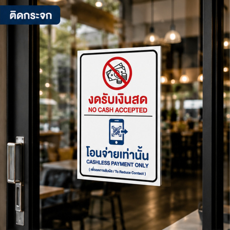 สติกเกอร์ป้ายเตือน "งดรับเงินสด โอนจ่ายเท่านั้น" NO CASH / CASHLESS PAYMENT ONLY ป้ายบอกช่องทางชำระเงิน กันน้ำ