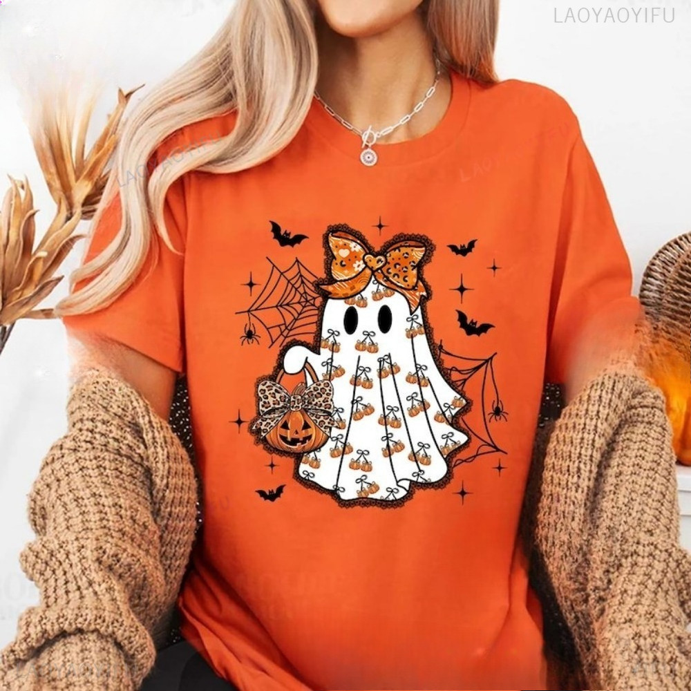 Cute Ghost Halloween Shirt Pumpkin Bow Spooky Season Tee Fall Aesthetic Pumpkin T-Shirt Women Aesthe