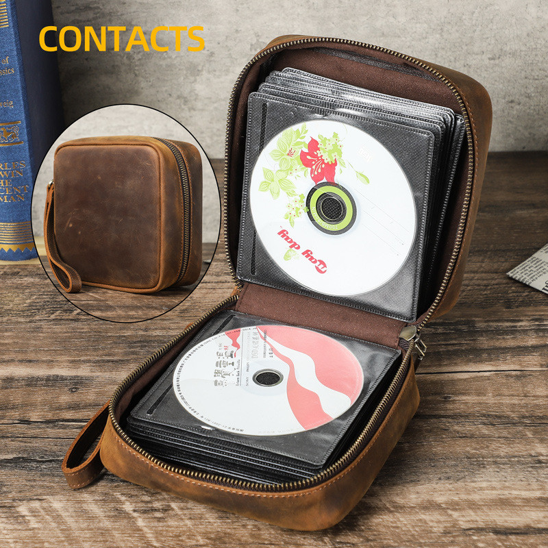 Retro Crazy Horse หนัง CD Disc กล่องเก็บ CD 56 แผ่นรถหนังแท้ CD Case พร้อมข้อมือกล่องแผ่นดิสก์แบบพกพ