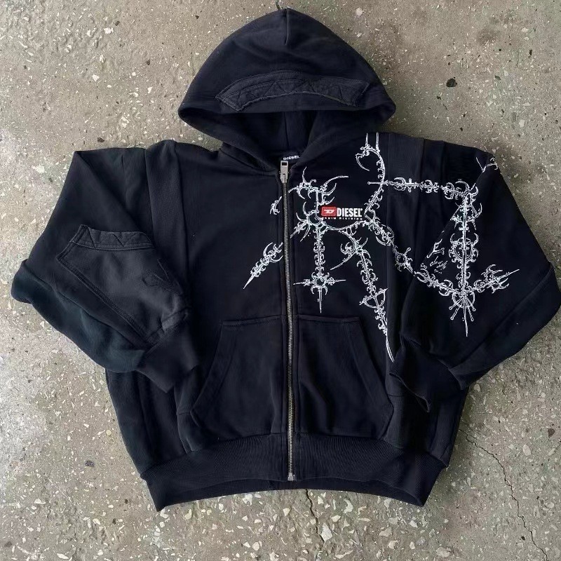 คุณภาพสูง Y2K Skull ผีเสื้อพิมพ์ Hoodie ผู้หญิงยุโรปอเมริกันสีดํา Y2K Hoodie ยุโรปสไตล์อเมริกัน