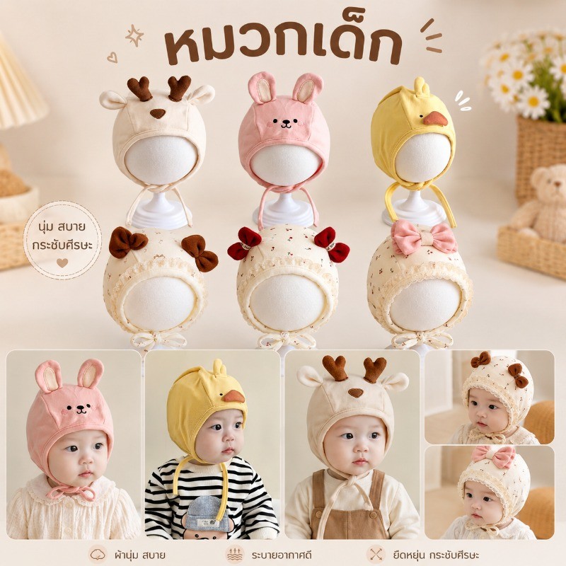 หมวกเด็กอ่อน หมวกป้องกันหูเด็ก รูปร่างสัตว์น่ารัก ศรีษะประมาณ 40-60CM นุ่มสบาย กันลม และอบอุ่น