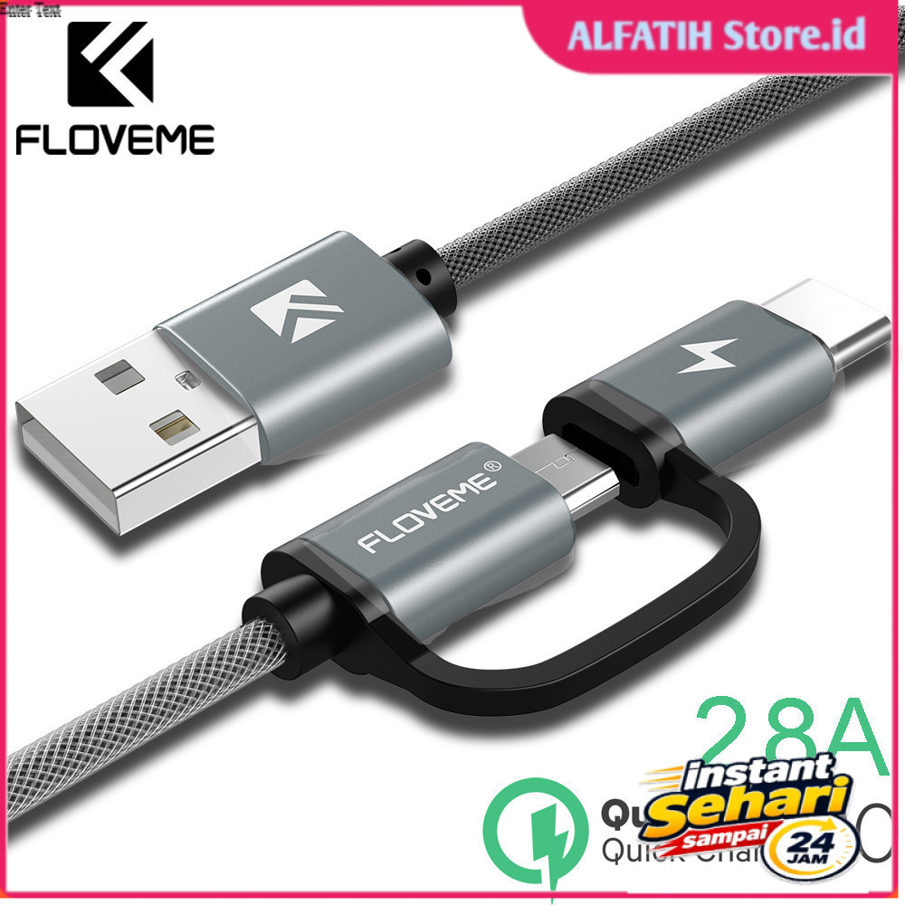 Floveme 2 in 1 Micro USB + USB Type C QC3.0 2.8A 100cm สายชาร์จ - P9 - สีเทา - FQUA0EGY