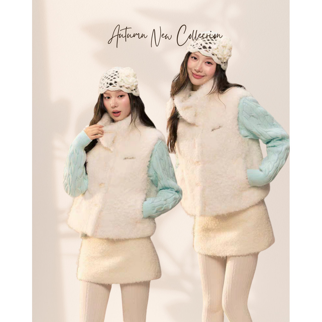 Original Design IRIS BOUTIQUE autumn 26 IS997103-IV99780-IK99783 Ivory Plush High-Neck Vest-Blue Car