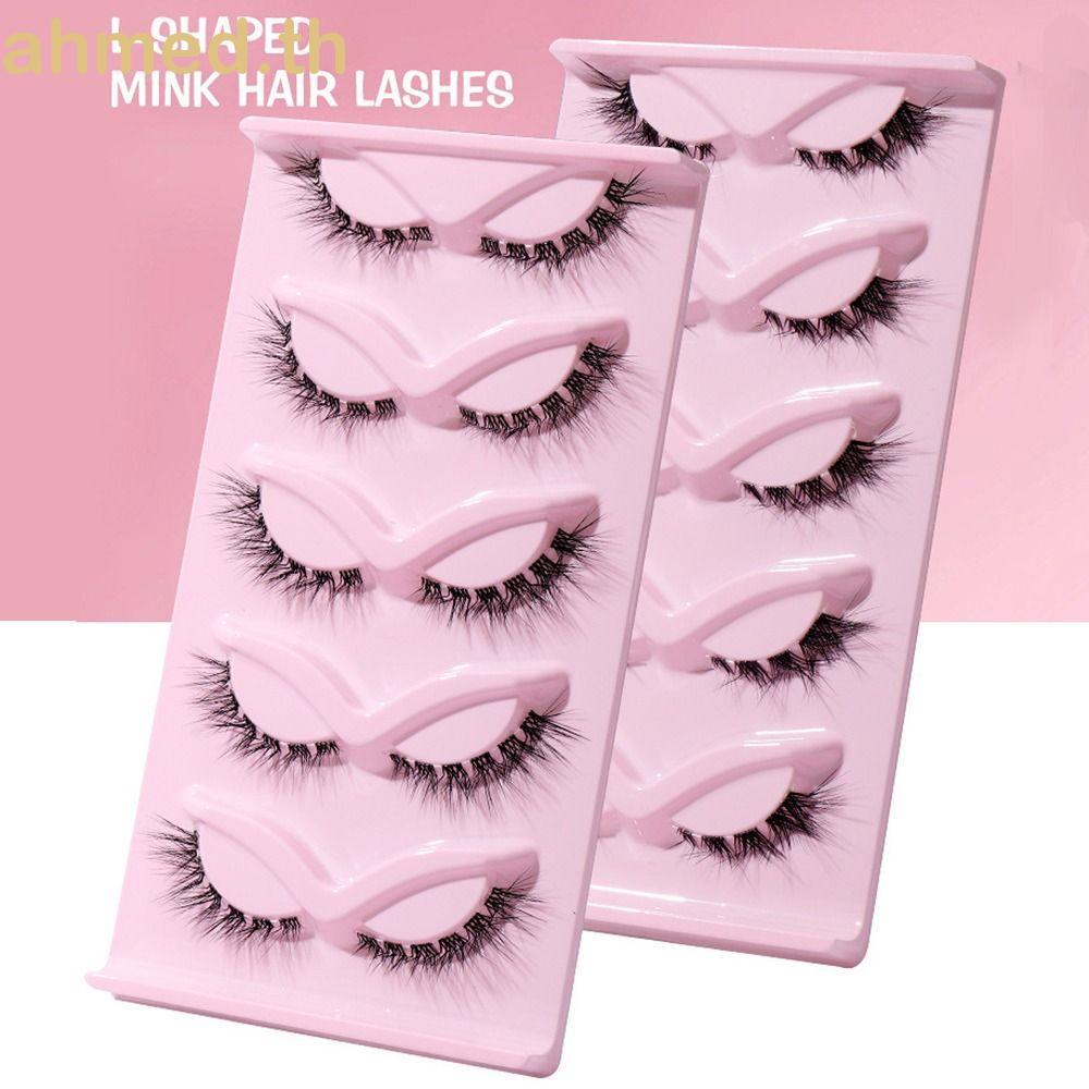 AHMED 5 คู่ L Curl ขนตาปลอม, Oblique Eye Tail ยาว Cat Eye ปลอม Lashes, นุ่มยาว Winged Clear Stem Wis