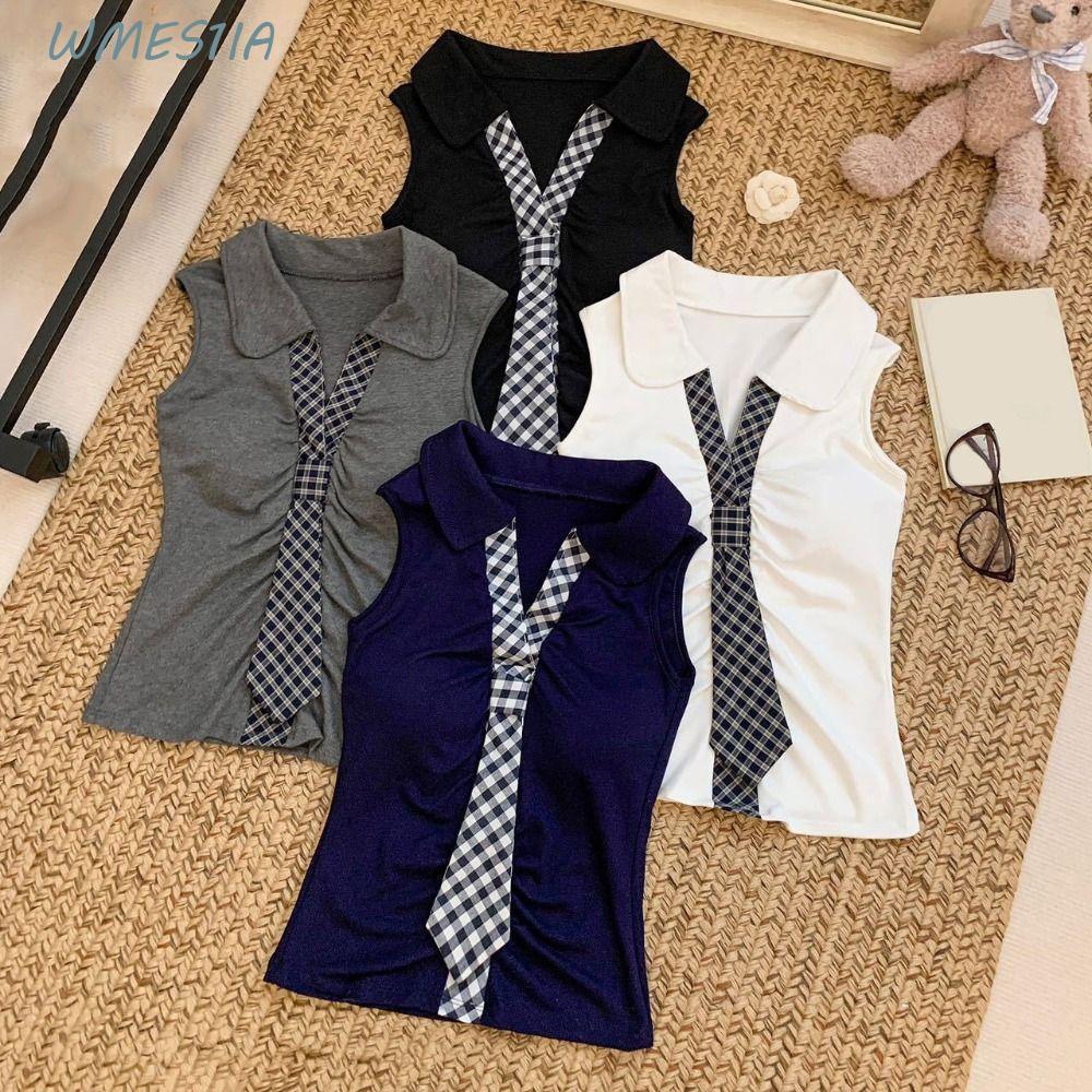 WMES1IA เสื้อยืดผ้าฝ้ายแขนกุด, Polo Collar Patchwork Summer Slim Crop Tops, Elegant Spice Girl Style