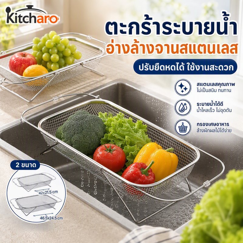 สแตนเลสอ่างล้างจานตะกร้ากรองปรับท่อระบายน้ําชั้นวางเศษอาหารกรองผลไม้ผักล้าง