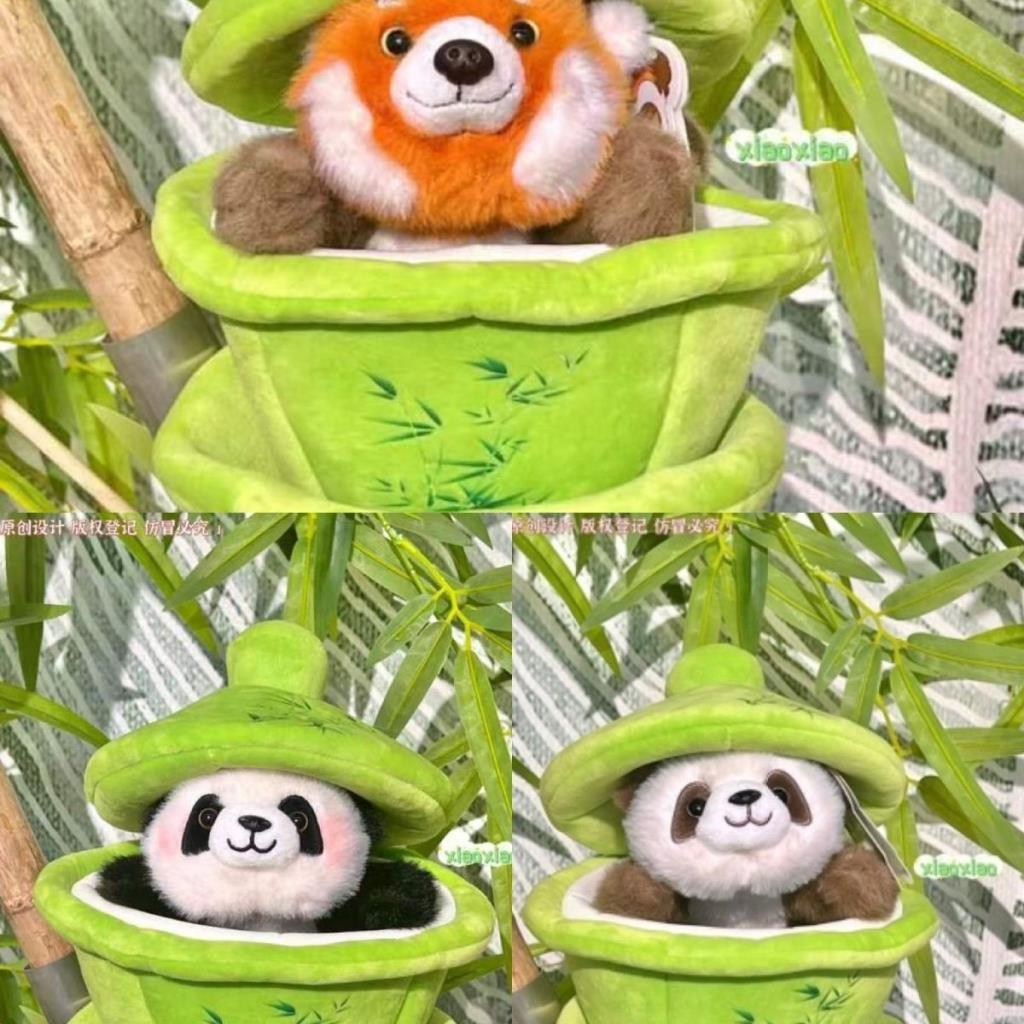 เฉิงตู Panda Base Gaiwan Camellia Qizai ตุ๊กตาหมีแพนด้าสีแดงของขวัญวันเกิดของแท้ NG260826