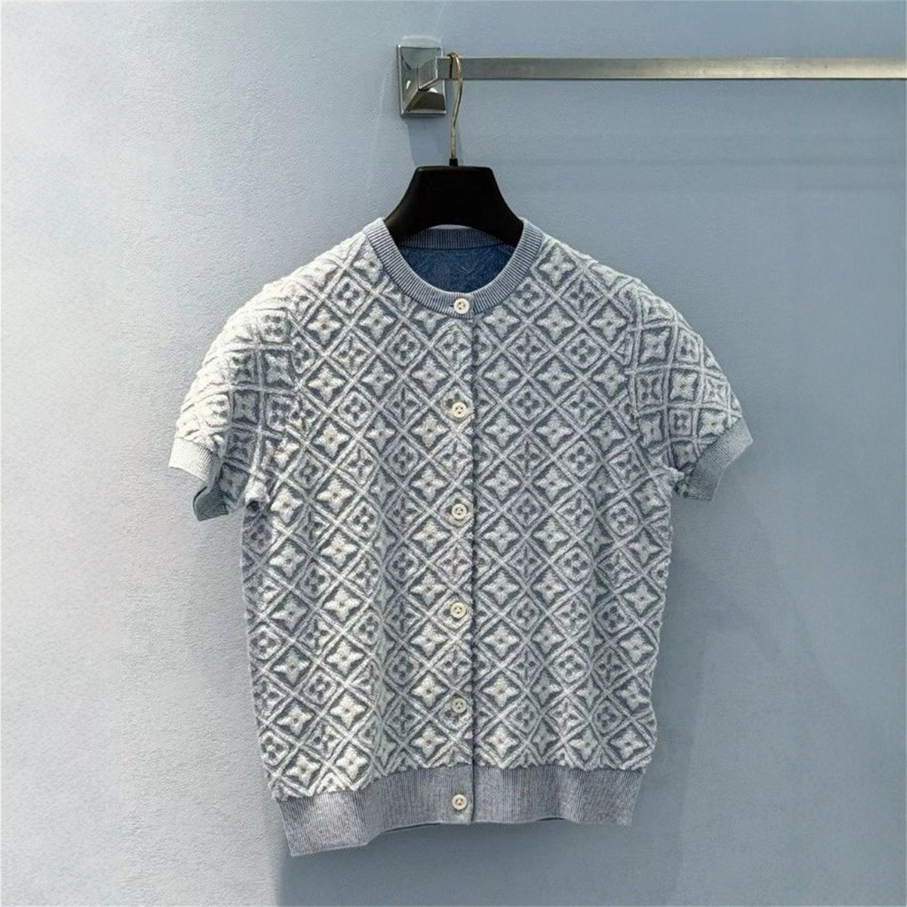 HEO7 Lsv * ฤดูร้อนสไตล์ใหม่เพชรหรูหรานูน Retro เก่าดอกไม้รอบคอแขนสั้นถักเสื้อสเวตเตอร์ถักผู้หญิง