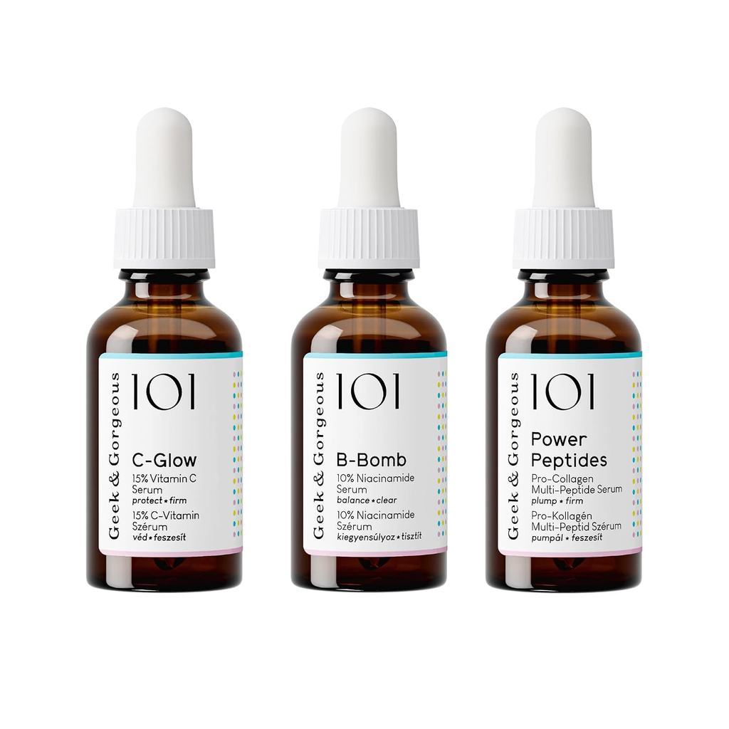 Geek & Gorgeous All-Star Skincare Bundle – C-Glow Vitamin C Serum, Power Peptides, และ B-Bomb Niacin