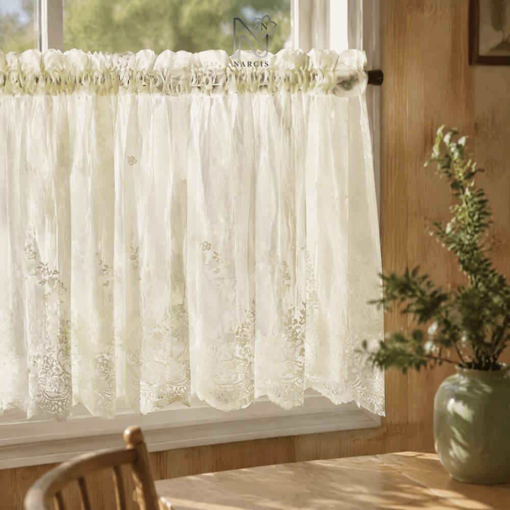 ม่านลูกไม้ NARCIS, 51.18 * 16.44in Beige Sheer Curtain, ตกแต่ง Rod Pocket Light Filtering ผ้าลินินขอ