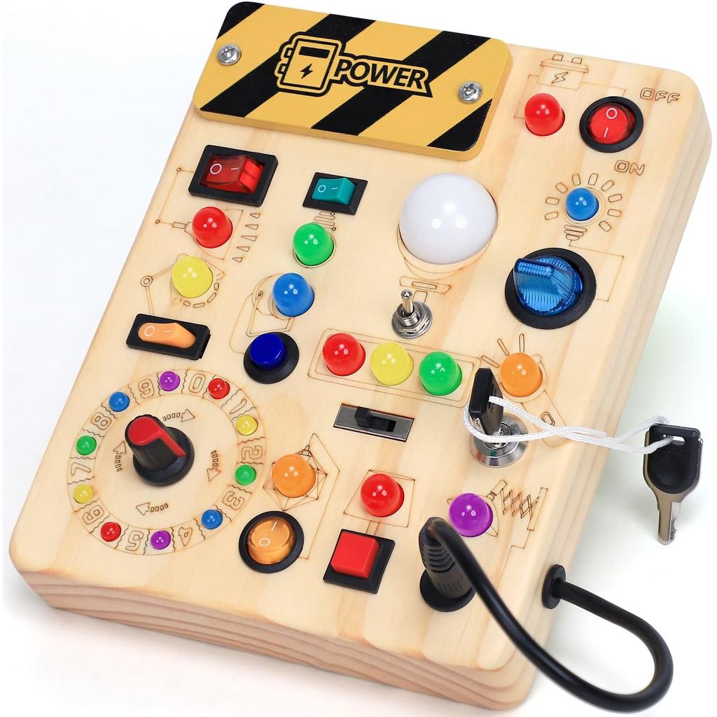BusyBoardwithLEDLightSwitches,MontessoriToysfor123ปีเก่า,เด็กวัยหัดเดินของเล่นไม้SensoryBoard,Travel
