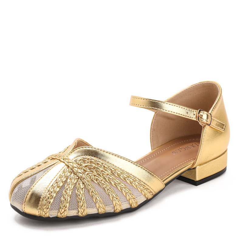 Retro Gauze ทอรองเท้า Hollow Low-Heel Buckle Design ฤดูร้อน Mary Jane รองเท้าผู้หญิง LW206-4
