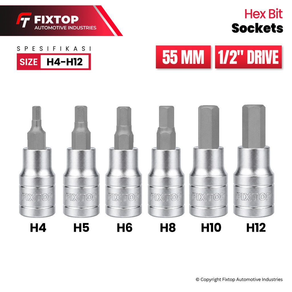 MATA FIXTOP ซ็อกเก็ตบิตหกเหลี่ยม 1/2 นิ้วสั้น 55 มม.H4 H5 H6 H8 H10 H12 CR-V เหล็ก