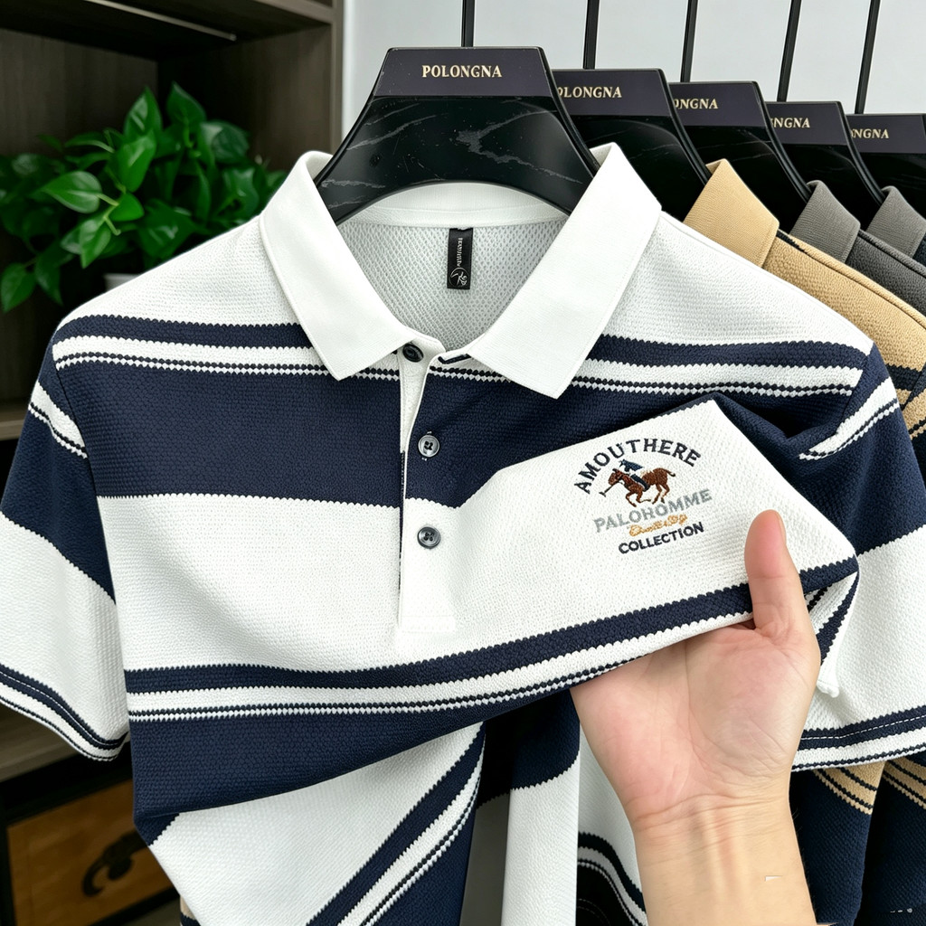 เสื้อโปโลผู้ชายลายทางจับคู่ได้หลากหลายระบายอากาศดีทันสมัยทรงหลวมสไตล์ธุรกิจไม่เป็นขนมีลายปักเสื้อผ้าผู้ชาย