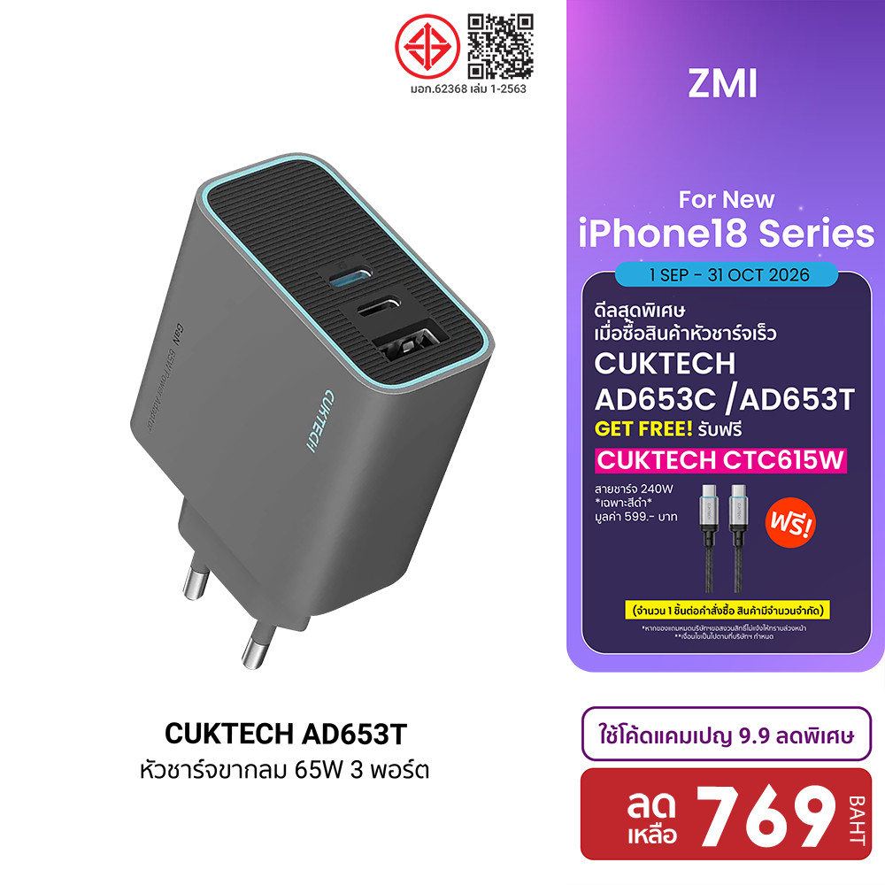 (แถมฟรี CTC615W) CUKTECH GaN3 AD653C / AD653T 65W หัวชาร์จเร็ว รองรับ PD3.0 , QC ชาร์จสูงสุด 3 อุปกร