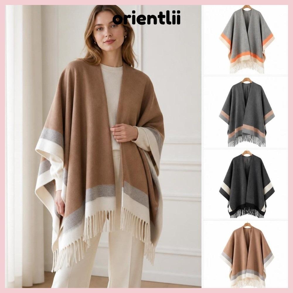 ORIENTLEE เปิดด้านหน้า Cape Shawl, Warm ขนาดใหญ่ลาย Border Poncho, Elegant Soft Fringed Edge สบายพู่