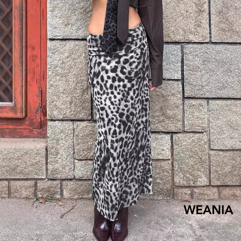 WEANIA New Leopard Print High-Waisted Double Layer Long Skirt