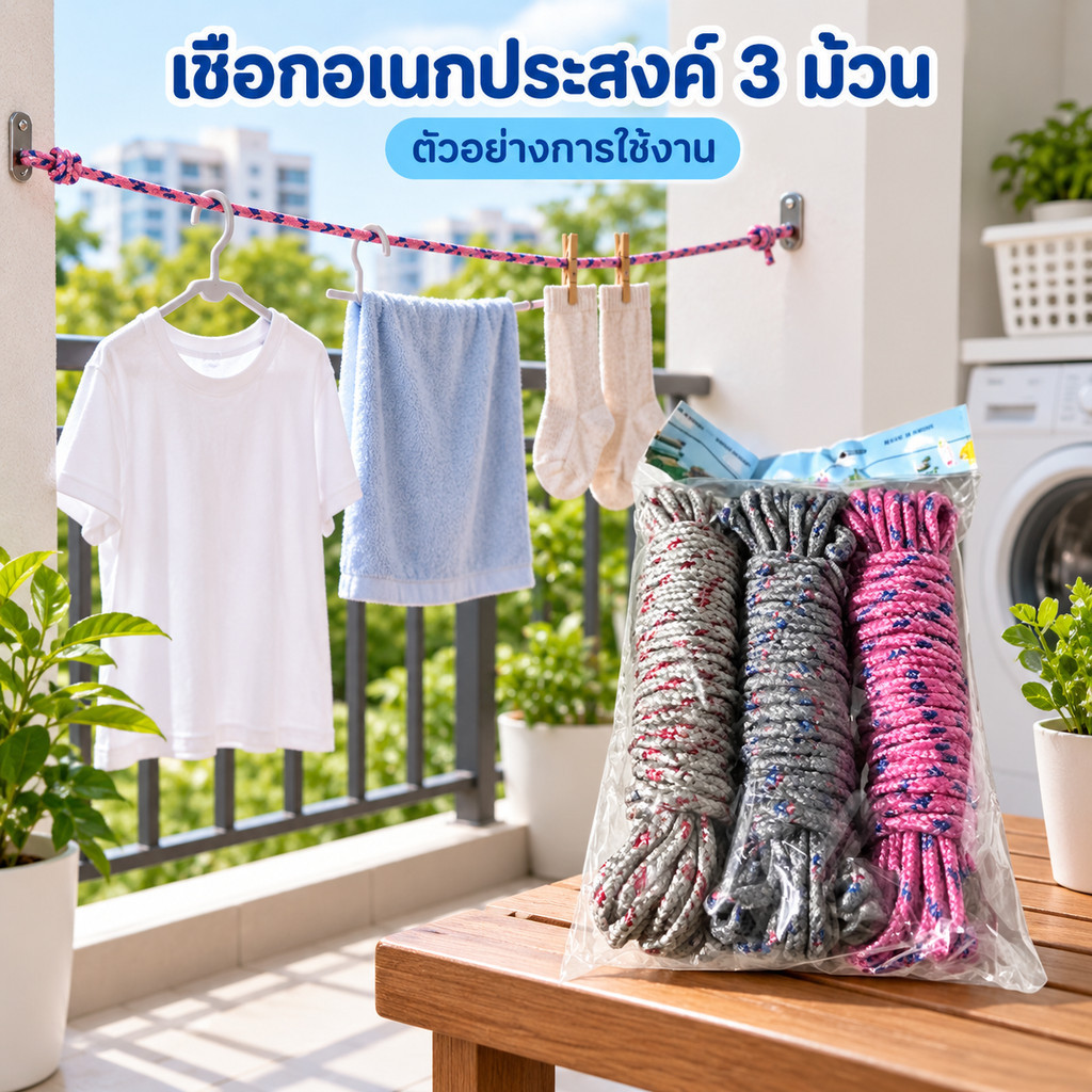 เชือกอเนกประสงค์ ยาวเกือบ 10 เมตรL-1086 เชือกอเนกประสงค์ 3เส้น สีสด ทนทานสูง ราคาถูก คุณภาพดี