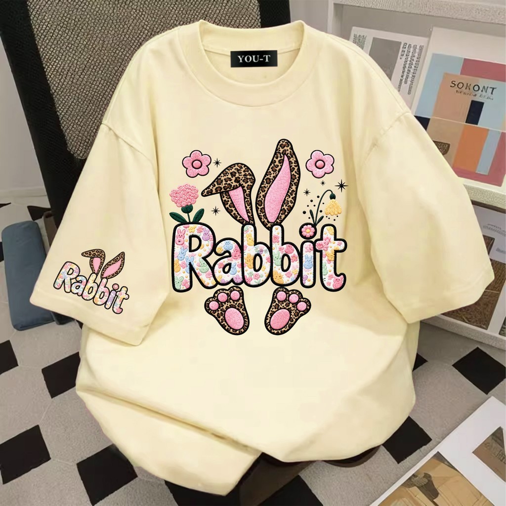 Su.Tee เสื้อแฟชั่นสไตล์เกาหลี แนวสตรีทวินเทจ ลาย "RABBIT" ทรงโอเวอร์ไซส์ นุ่มสบาย ไม่ยับ ไม่ต้องรีด